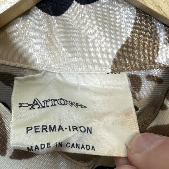 Vintage 70s Arrow Men M Disco Shirt Canada Brown Black Floral Groovy Satin - Picture 3 of 5